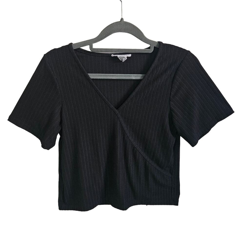 Capella Women's L Short Sleeve Wrap Front Top Solid Black V-Neck Minimalist